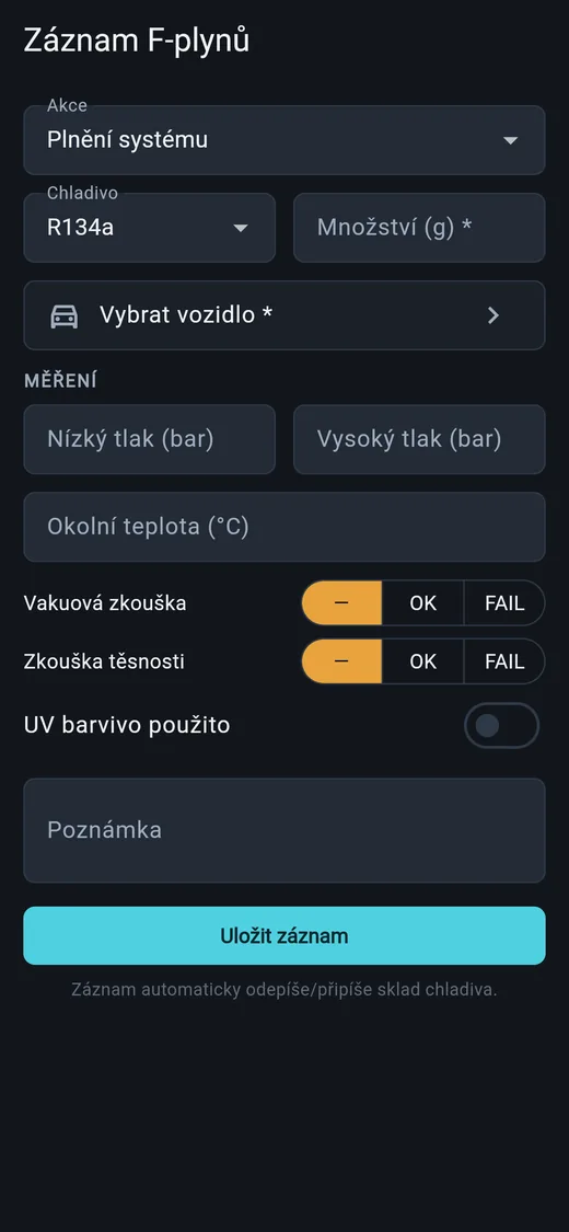 Aplikace pro techniky — záznam F-plynů s množstvím chladiva, tlaky a zkouškou těsnosti
