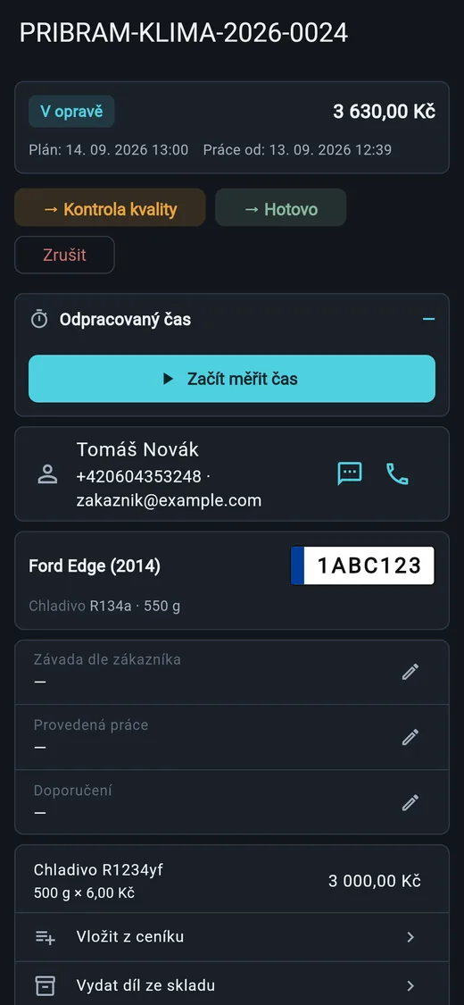 Aplikace pro techniky — zakázka se stopkami, kartou vozu, vložením z ceníku a výdejem dílu ze skladu