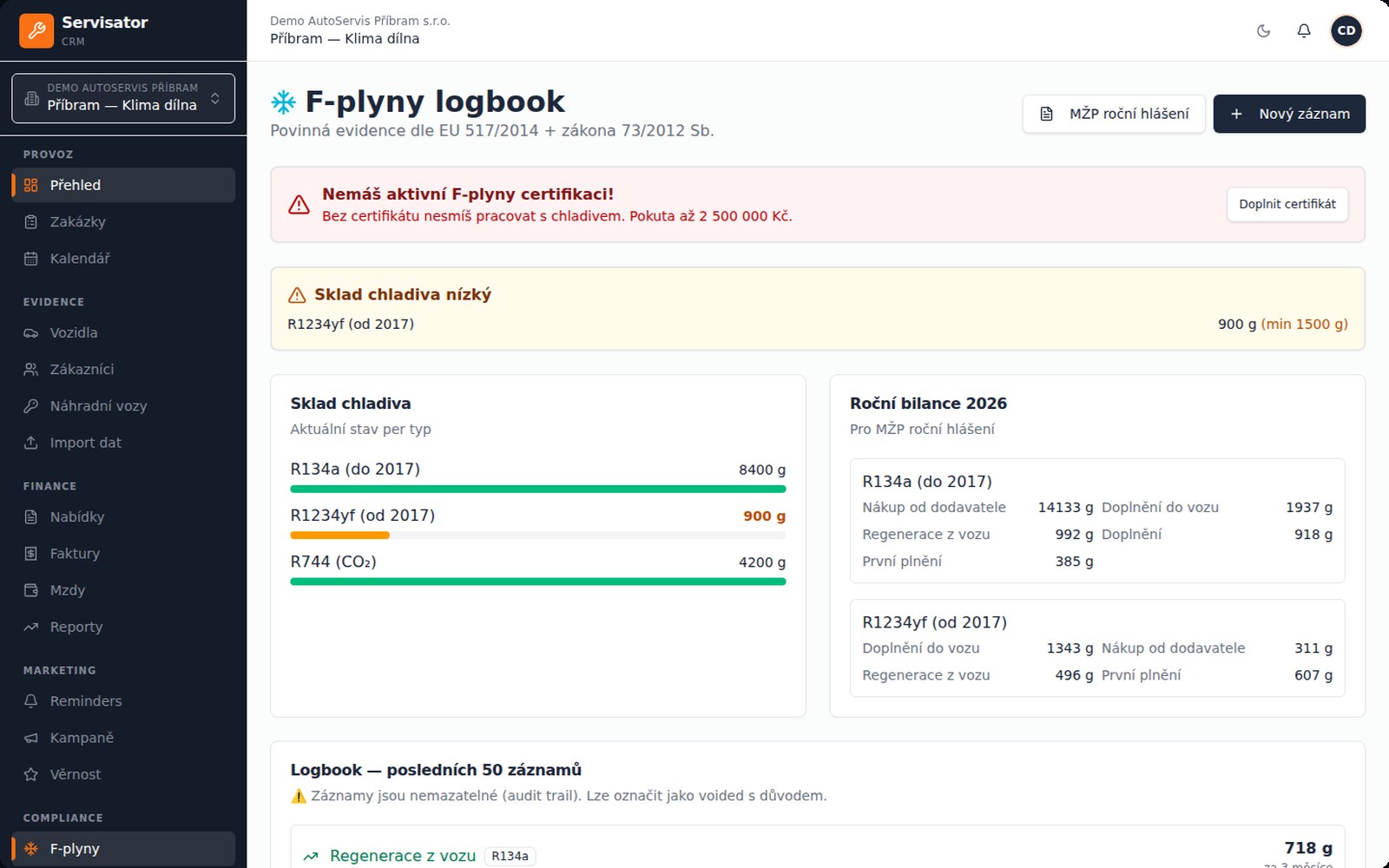 F-plyny logbook — sklad chladiva a roční bilance pro MŽP
