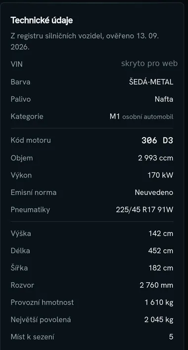 Technické údaje vozu natažené z registru — kód motoru 306 D3, objem, výkon, pneumatiky a hmotnosti