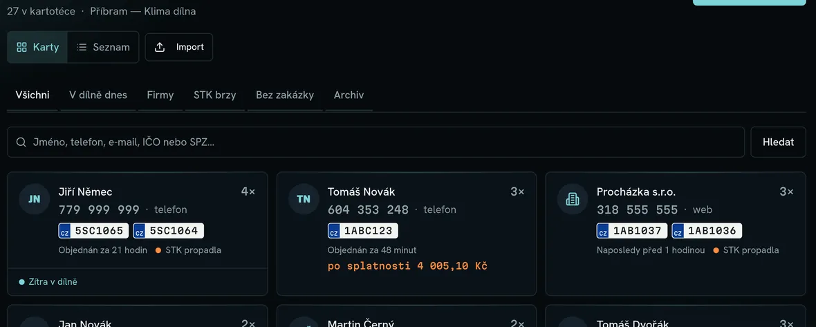 Seznam zákazníků s kontakty, počtem vozidel a útratou